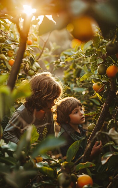 Children in the apple orchard harvesting child gardening in the rays of the setting sun