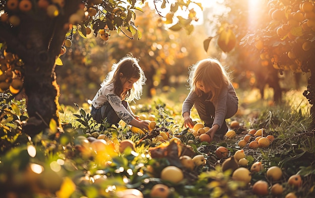 Children in the apple orchard harvesting child gardening in the rays of the setting sun