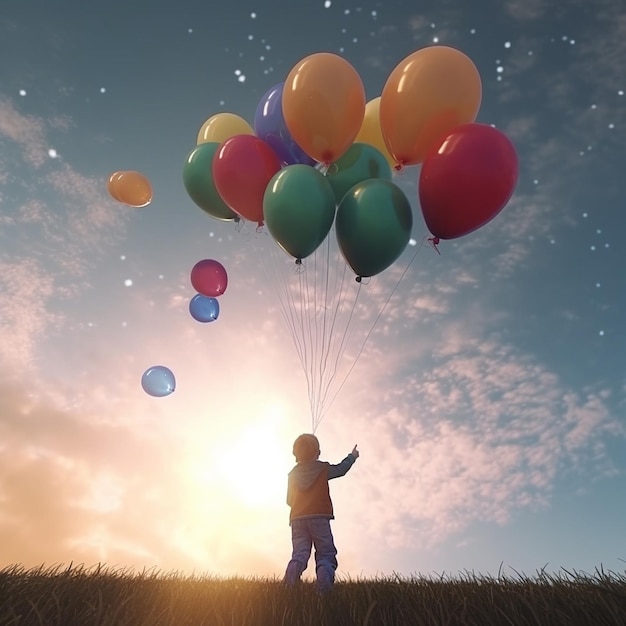 Children are carrying different colored gas filled balloons under open sky images Generative AI