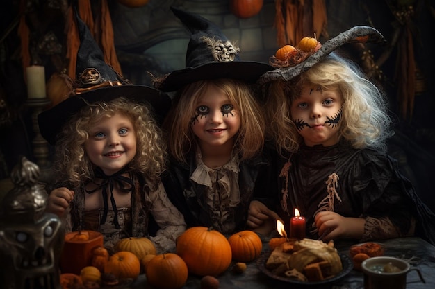 The children are celebrating a Halloween party in Halloween costumes