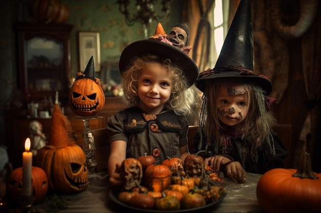 The children are celebrating a Halloween party in Halloween costumes