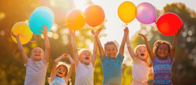 Children are happily playing with colorful balloons in a sunny park under the bright blue sky aig