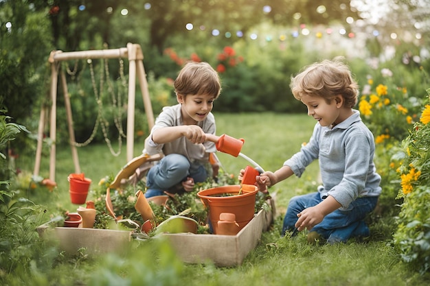 Photo children are playing in the garden and enjoy