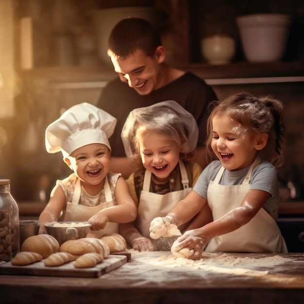 the children are playing together while baking in the kitchen generative ai