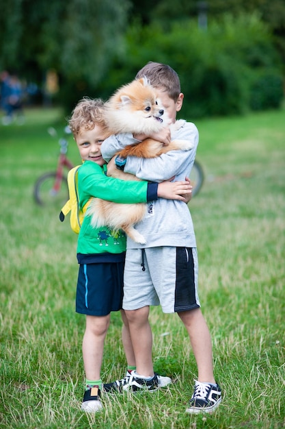 The children are playing with the dog in the meadow spitz place for text