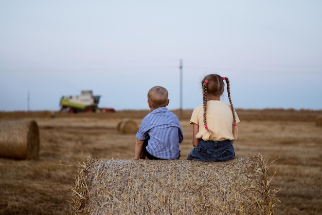 children are sitting on a straw stack. straw. harvesting. field. a field of straw. boy and girl