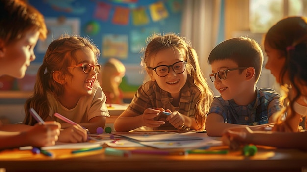 children are sitting at a table and one of them is wearing glasses