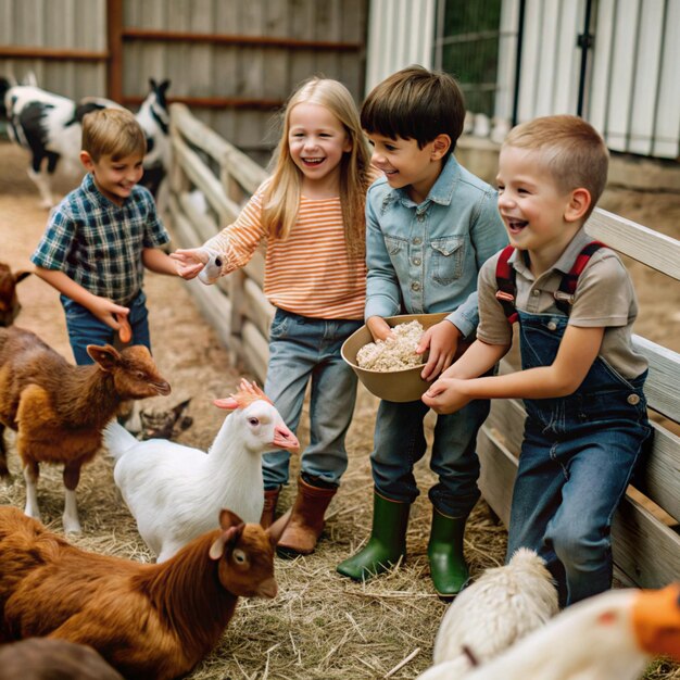 children are smiling and laughing with a goat and goats