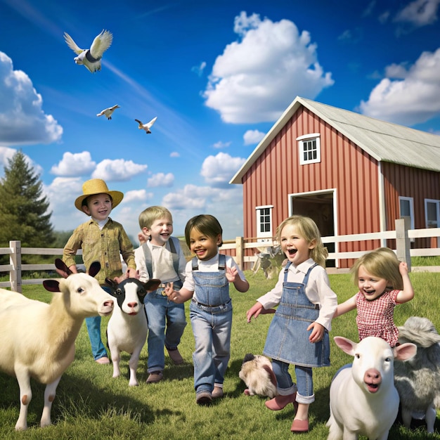 Photo children are walking around a farm with sheep and birds