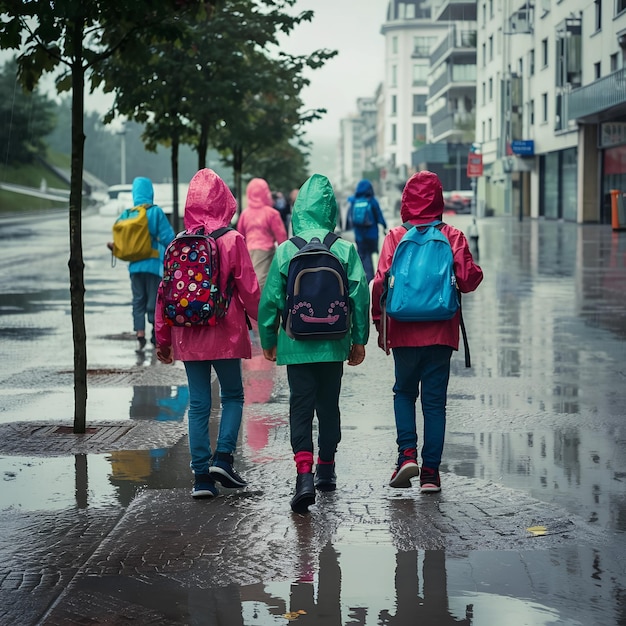 Children are Walking with Colorful Rain Jackets and Backpacks On a Rainy City Street