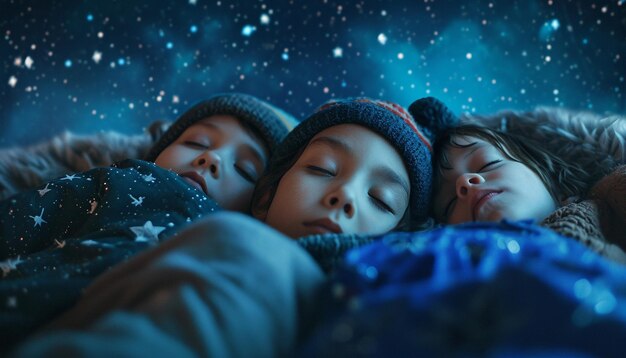 Photo children around the world asleep under a starry sky