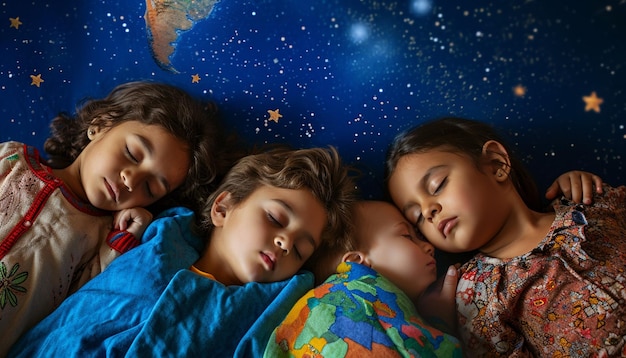 Photo children around the world asleep under a starry sky