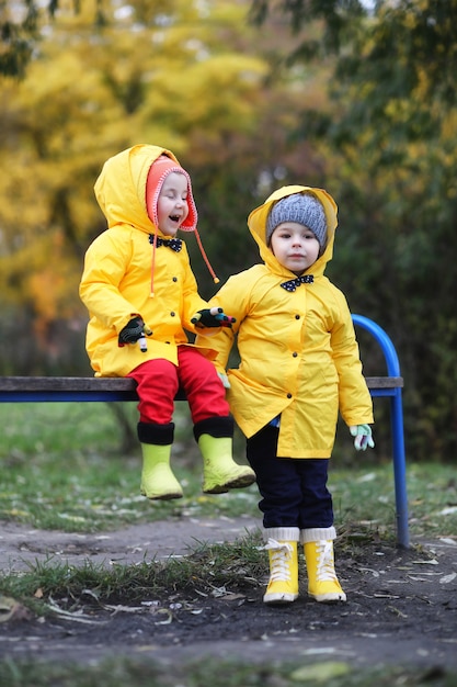 Photo children in the autumn park walk in raincoats during the day