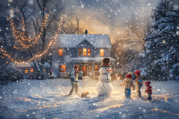 Children build a snowman in the front yard of a snowcovered house on a snowy evening Children building a snowman in the front yard as flakes gently fall from the sky