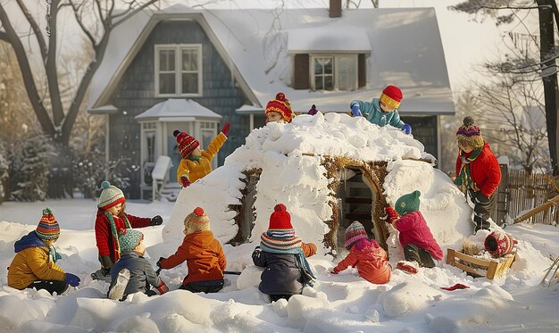 Photo children building a snow fort