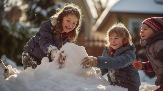 children building a snowman in a snowy backyard