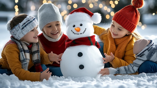 Photo children building snowman winter fun snow family christmas holiday