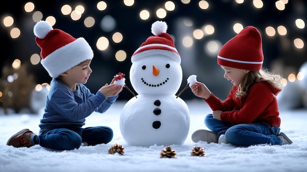 Children Building Snowman in Winter Wonderland