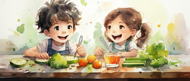 Children cartoon characters eating fruits vegetables on dining table Watercolor style Generative