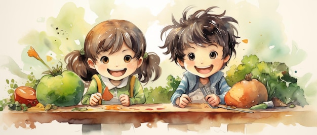 Children cartoon characters eating fruits vegetables on dining table Watercolor style Generative