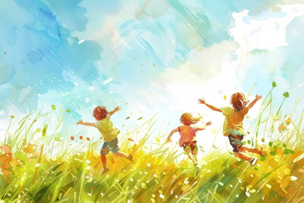 Photo children cheerful playing in a meadow on a warm winter day