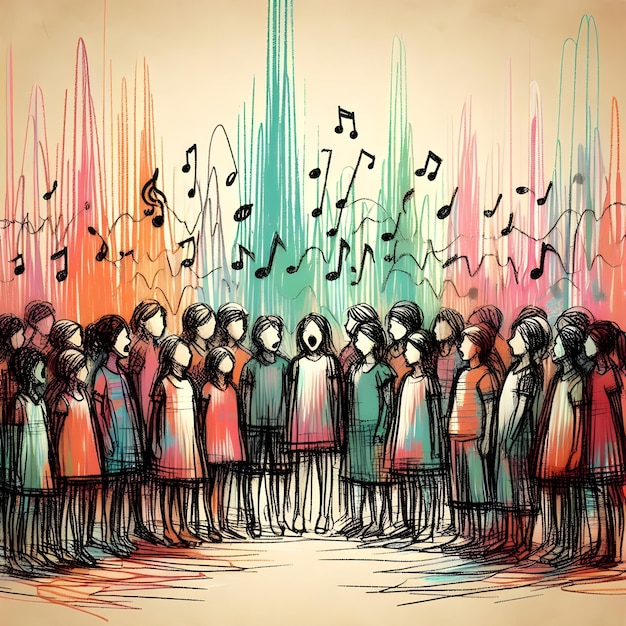 Children in a choir singing with vibrant musical notes