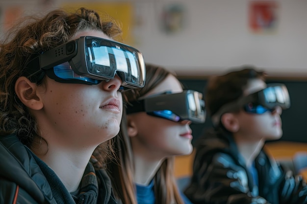 Children in classroom wear virtual reality goggles for fun and learning