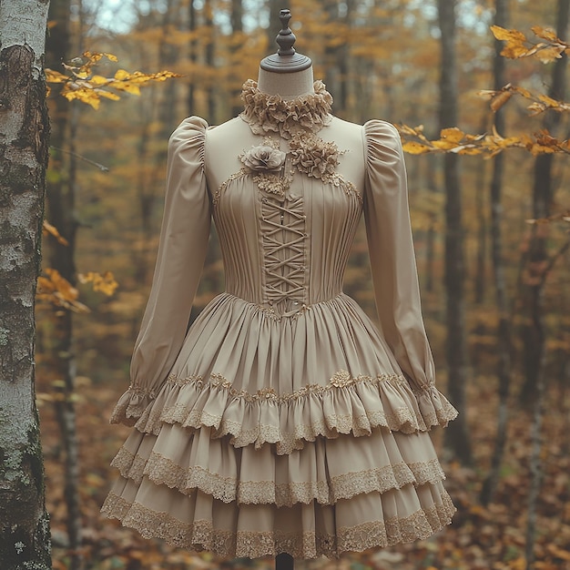 children clothes on a mannequin wearing a dress with a beautifully on the chest beige brown autum