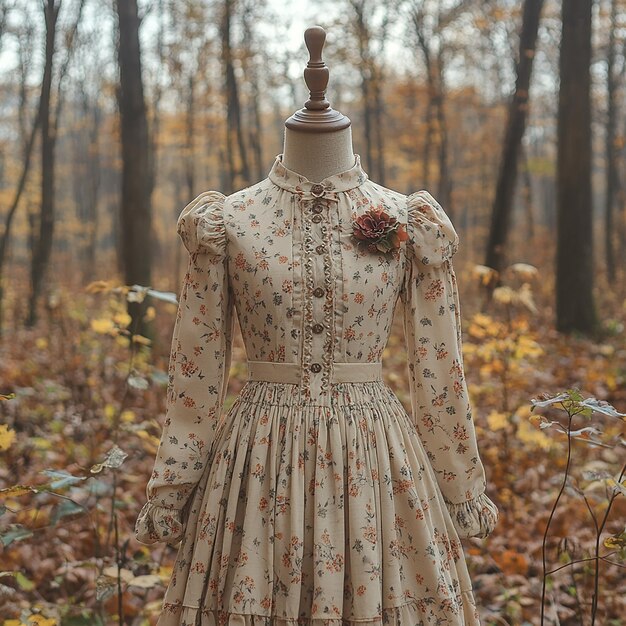 children clothes on a mannequin wearing a dress with a beautifully on the chest beige brown autum