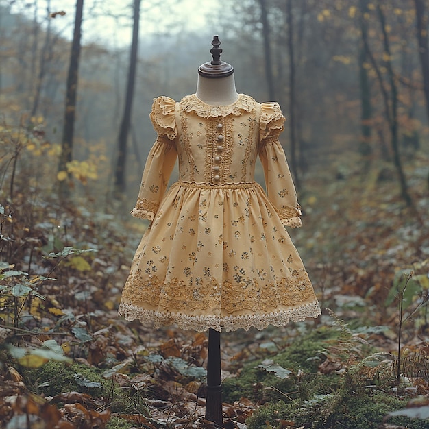 Photo children clothes on a mannequin wearing a dress with a beautifully on the chest beige brown autum