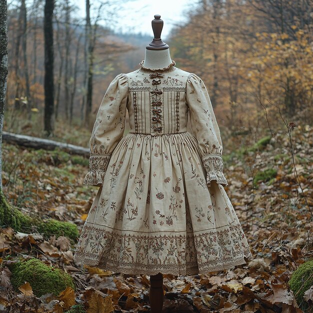 Photo children clothes on a mannequin wearing a dress with a beautifully on the chest beige brown autum