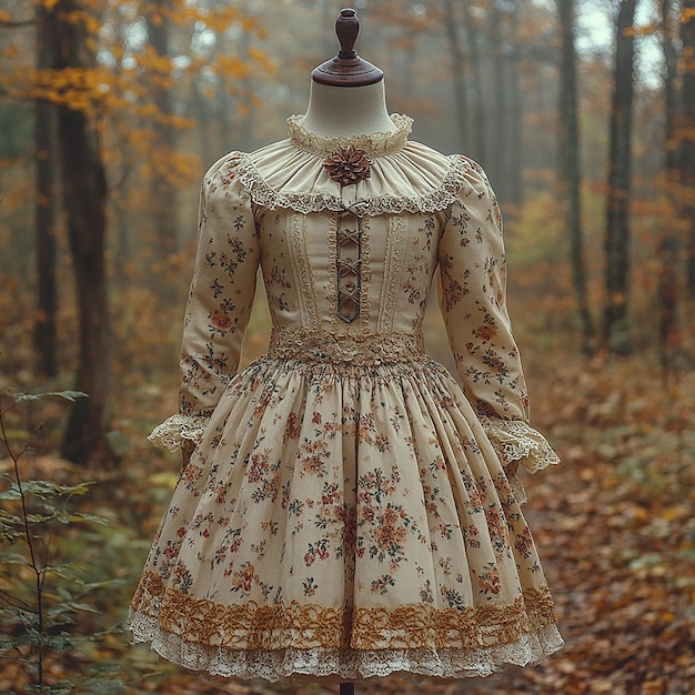 children clothes on a mannequin wearing a dress with a beautifully on the chest beige brown autum