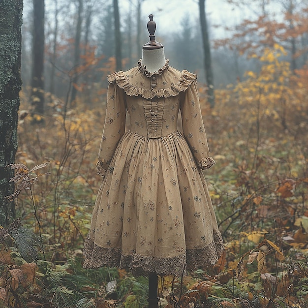 children clothes on a mannequin wearing a dress with a beautifully on the chest beige brown autum