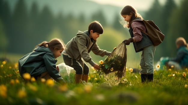 Children collect garbage in the park generative AI