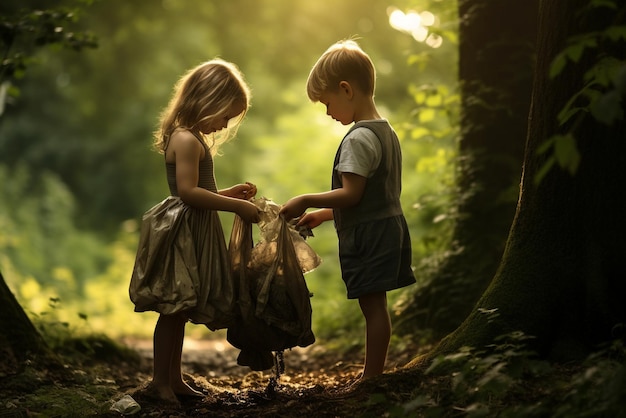 Children collect garbage in the park