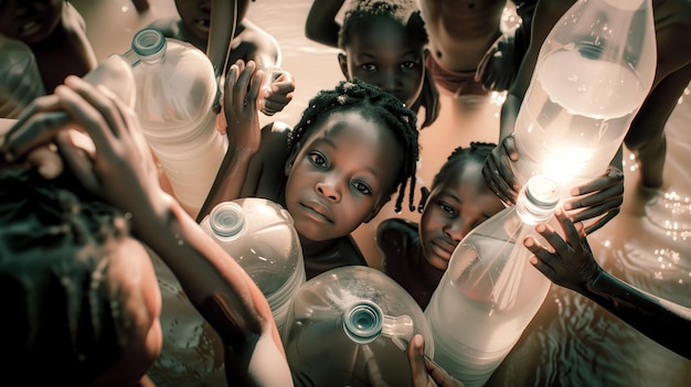 Children collecting water in plastic bottles