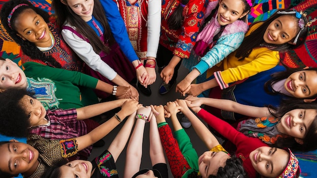 Photo children in colorful clothes hold hands together in a circle