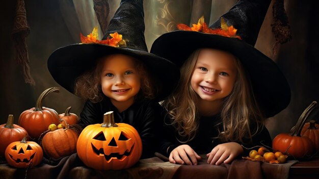 Children in costumes for the autumn holiday Halloween