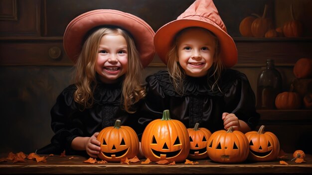 Children in costumes for the autumn holiday Halloween