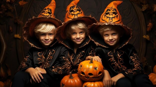 Children in costumes for the autumn holiday Halloween