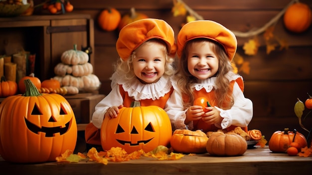 Children in costumes for the autumn holiday Halloween