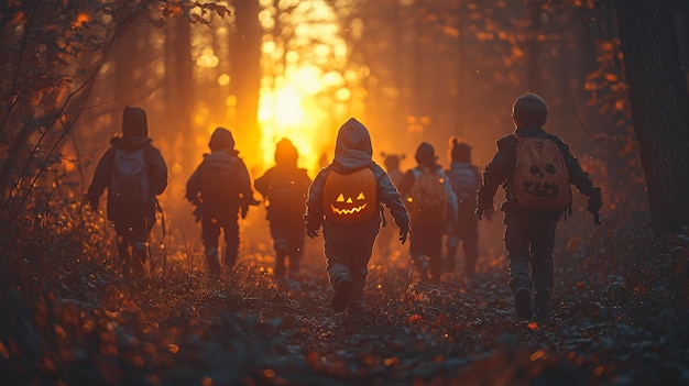 Photo children in costumes walk through a forest during a sunset with a jackolantern backpack