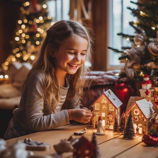 Children decorate Christmas decorations in their house