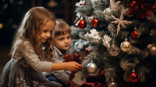 children decorate the Christmas tree with ornaments Generative AI