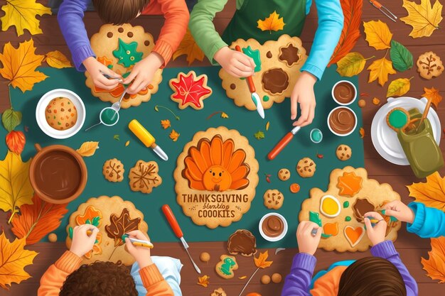 Photo children decorating cookies for thanksgiving