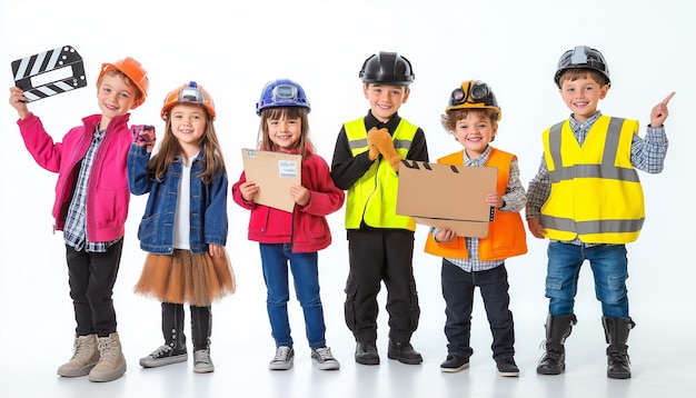 Children in different professional costumes with various objects and props isolated on a white bac