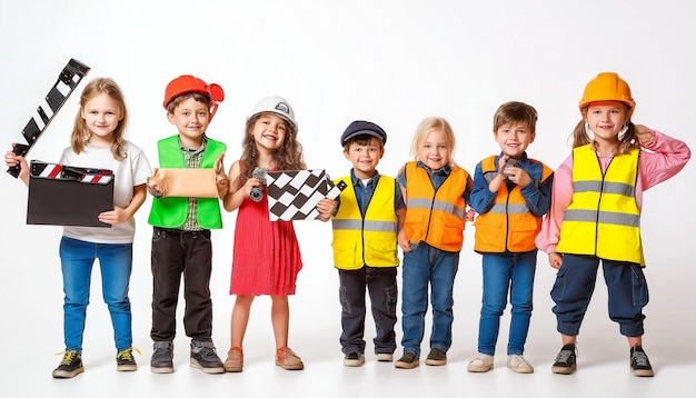 Children in different professional costumes with various objects and props isolated on a white bac