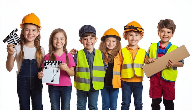 Children in different professional costumes with various objects and props isolated on a white bac