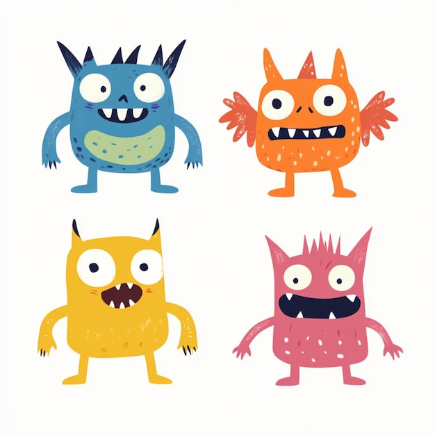 Photo children drawing of colorful monsters with simple and playful designs