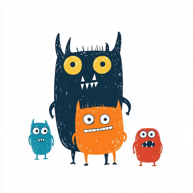 Photo children drawing of colorful monsters with simple and playful designs